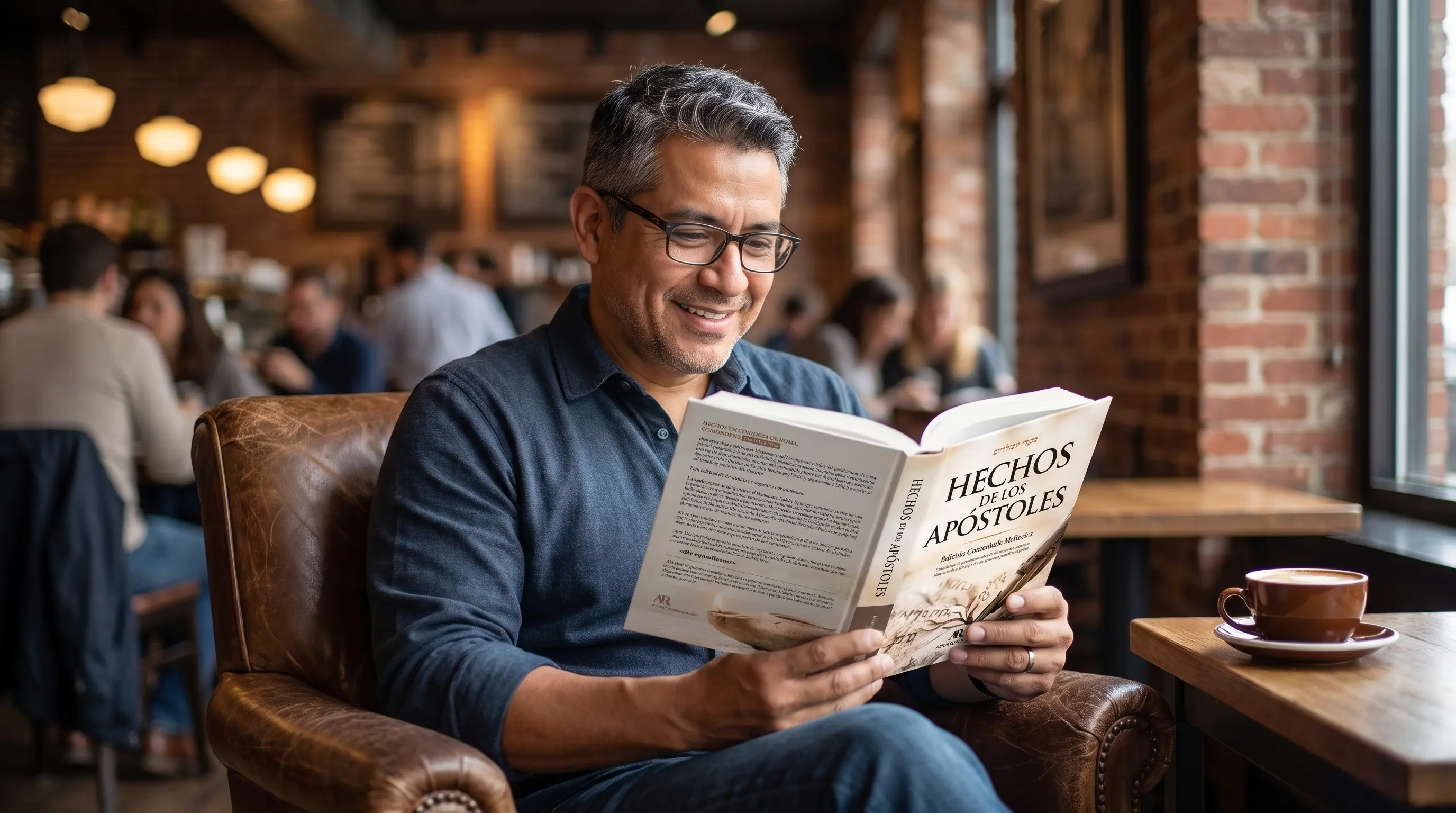 Hombre leyendo Hechos de los Apóstoles en una cafetería