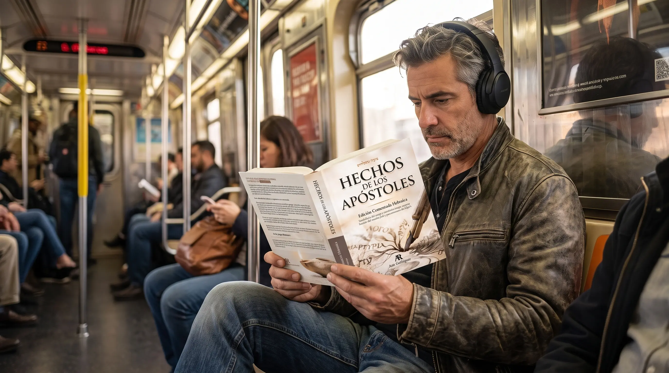 Hombre leyendo Hechos de los Apóstoles durante un trayecto
