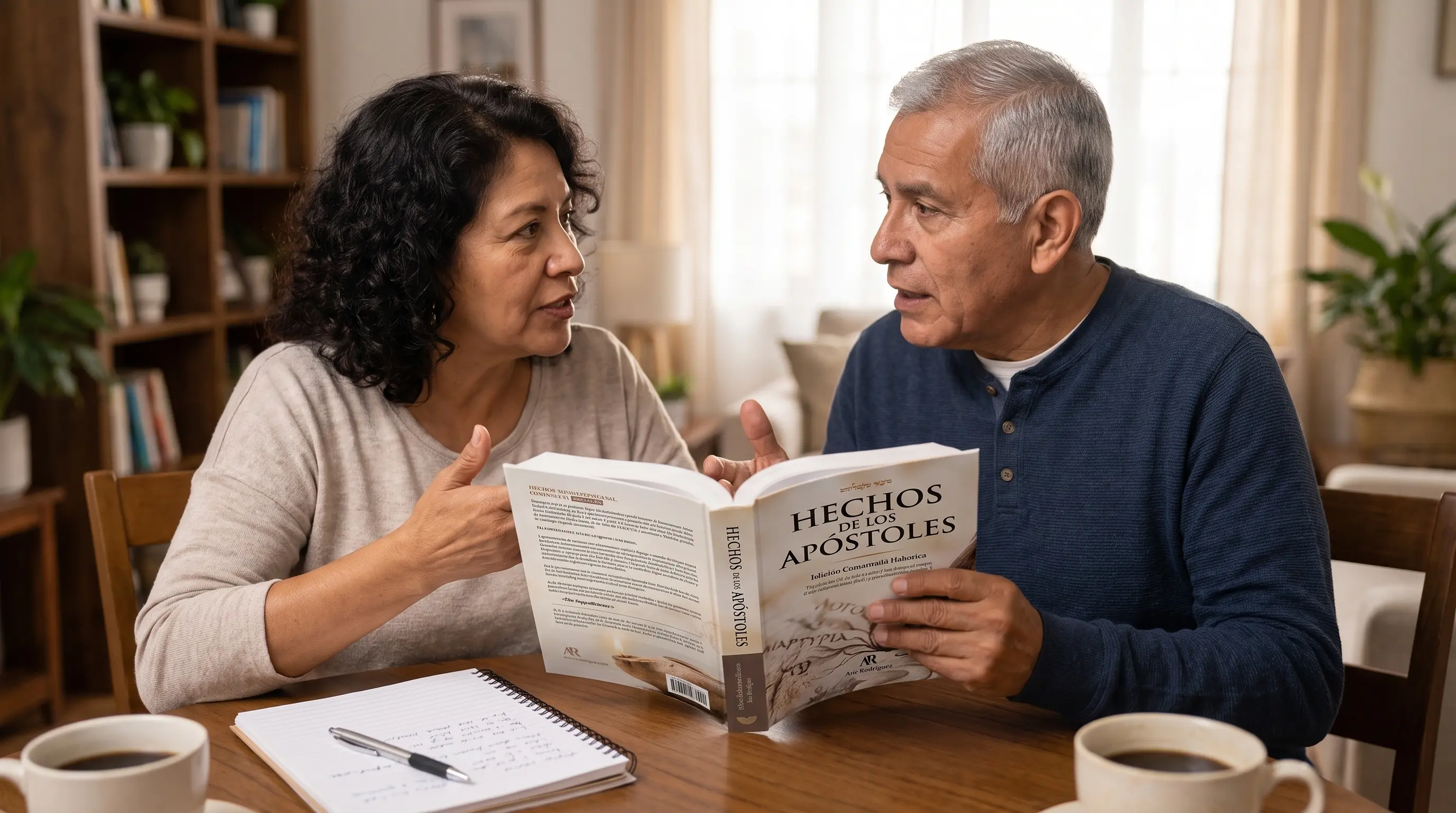 Dos personas estudiando juntas Hechos de los Apóstoles